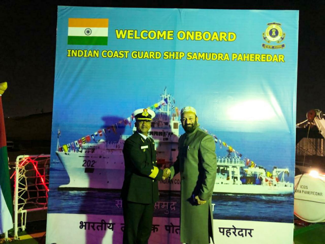 Dr.  Mustafa Saasa with Commander S Zakir Husain - Deputy Commanding Officer of Indian Coast Guard Ship - Samudra Pehredar during On Board Reception at Port Rashid, Dubai – UAE on 2nd February 2020.